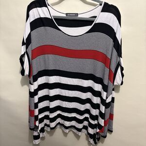 Alembika Jersey Knit Tunic Top Medium Red Black White Stripe  Lagenlook Artsy